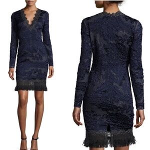Elie Tahari navy blue Camden silk long sleeve lace dresss w/ fringe. Stretches